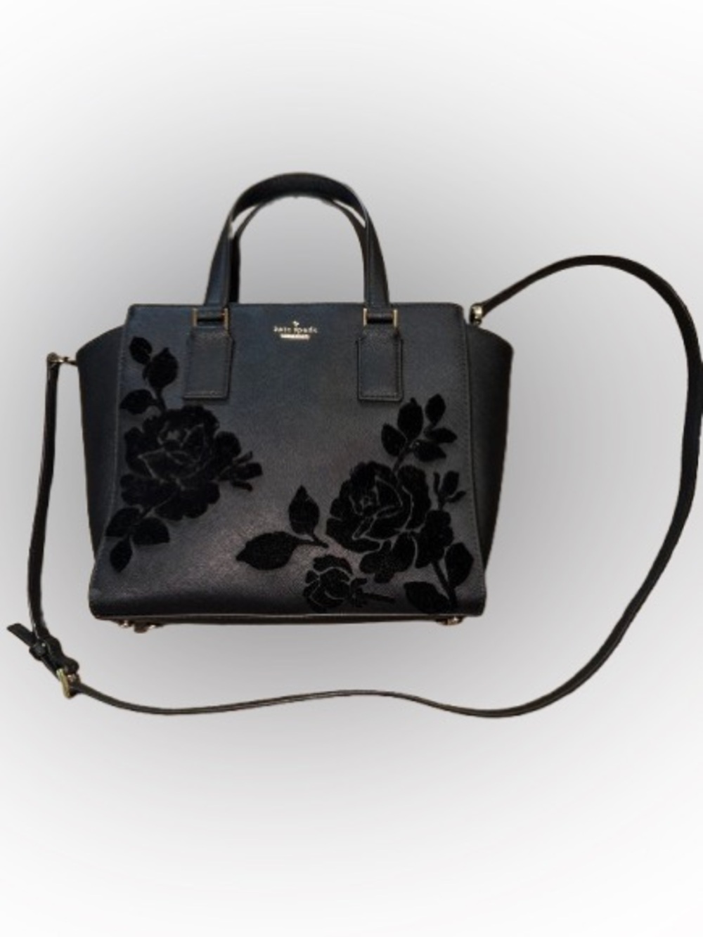kate spade PXRU9153 Black Cameron Street Flock Roses Small Hayden Tote